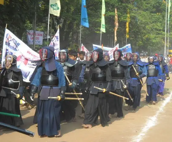The kendo team marching at a summer camp opening ceremony, 2010